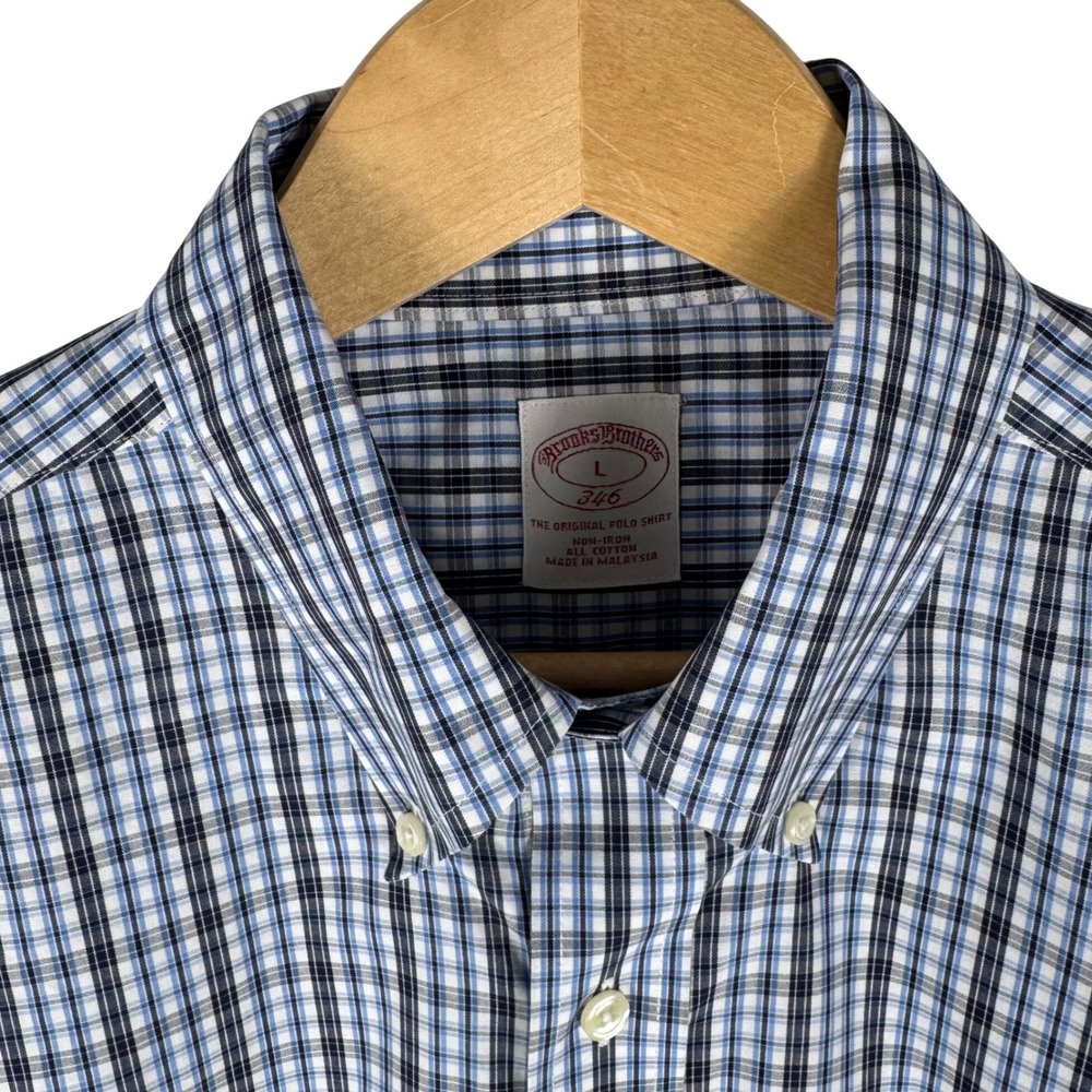 Brooks Brothers 346 Plaid Non-Iron Cotton Button Down Shirt Mens L Blue White